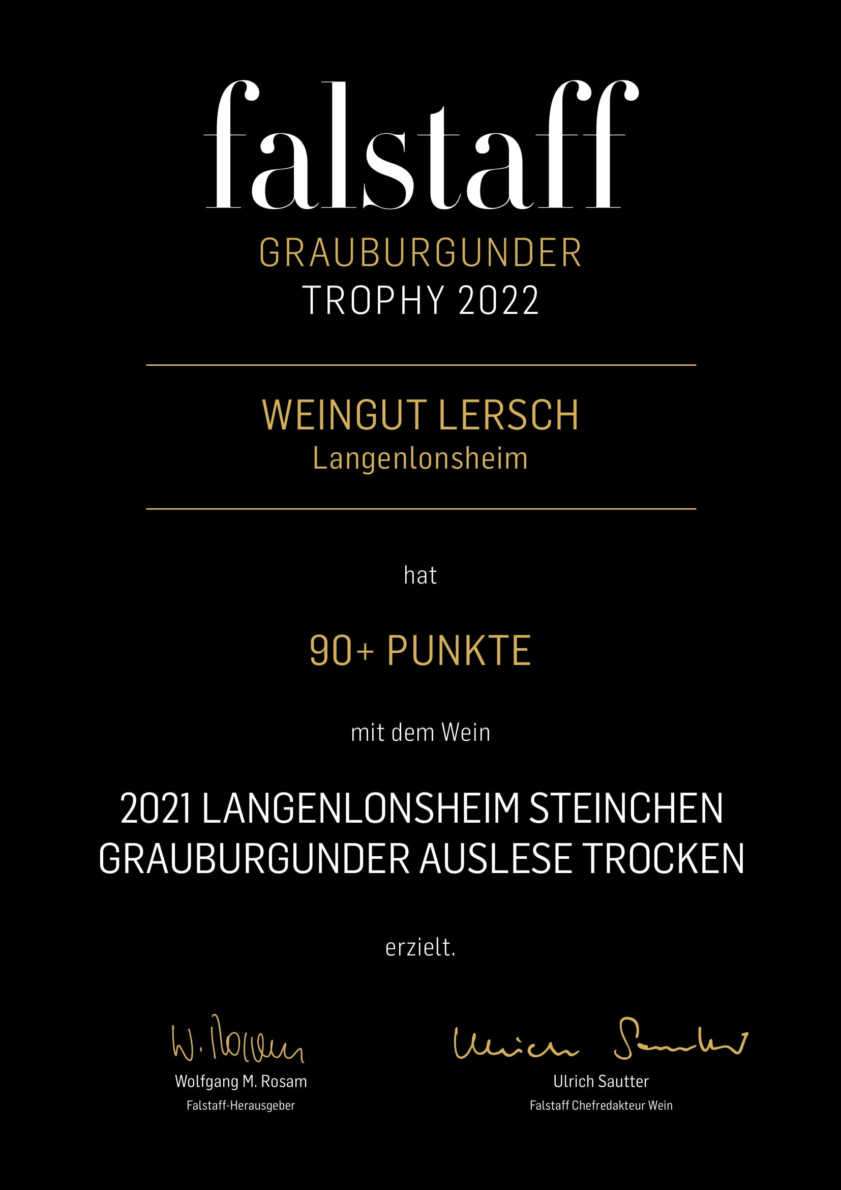 Urkunde Fallstaff Grauburgunder Trophy 2022