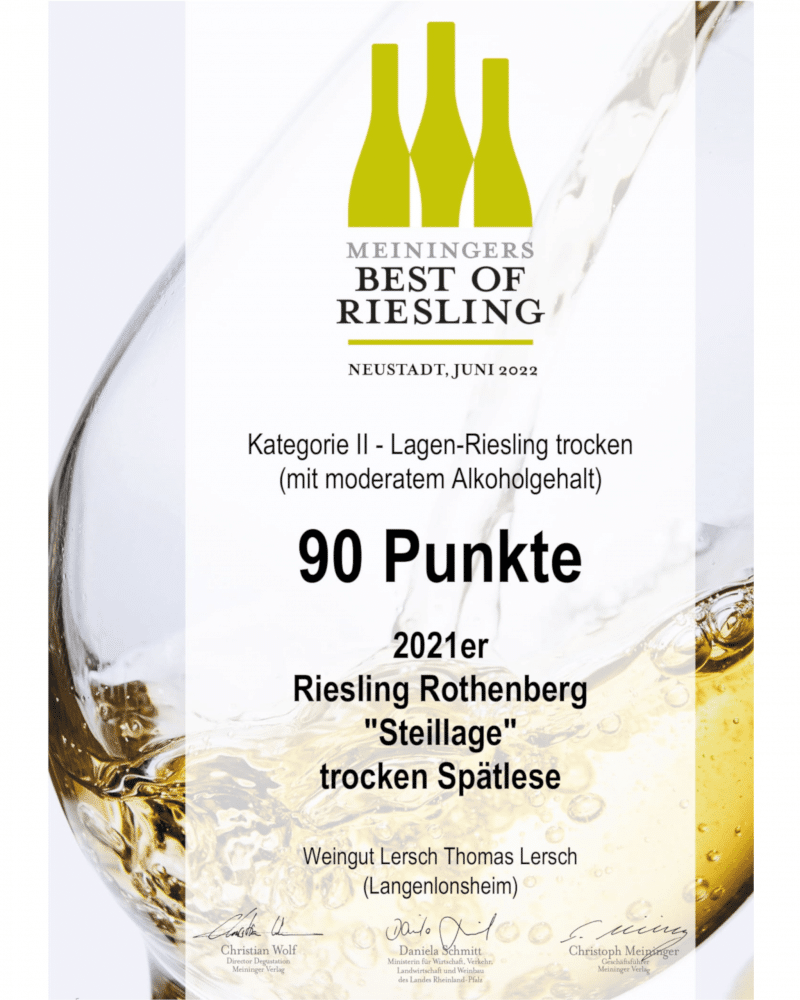 Urkunde Best of Riesling für den Riesling Rothenberg vom Weingut Lersch