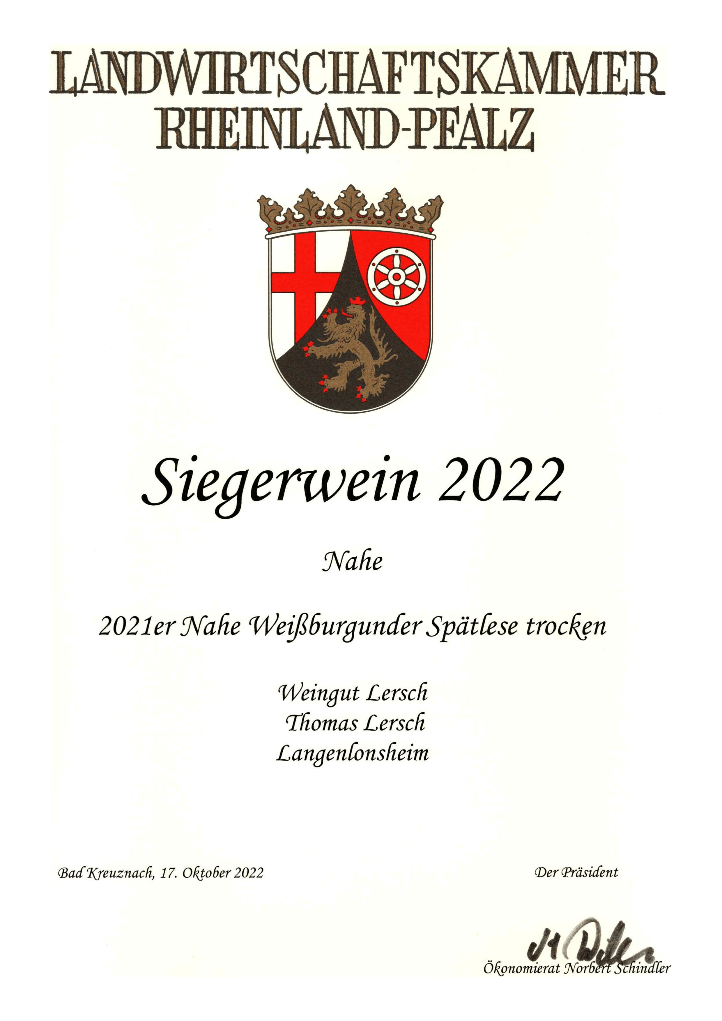 Urkunde für den Siegerwein 2022 vom Weingut Lersch - Nahe