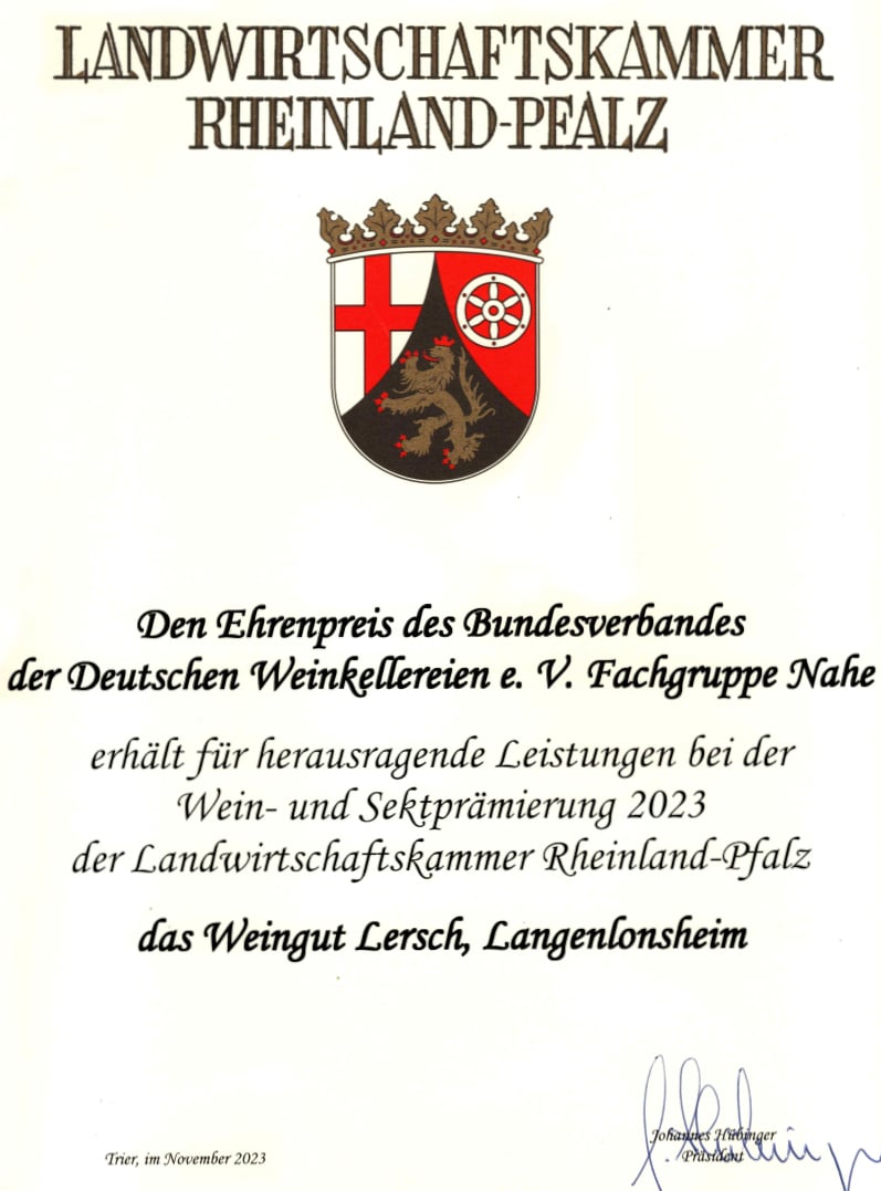 Urkunde Ehrenpreis des Bundesverbands der Deutschen Weinkellereien